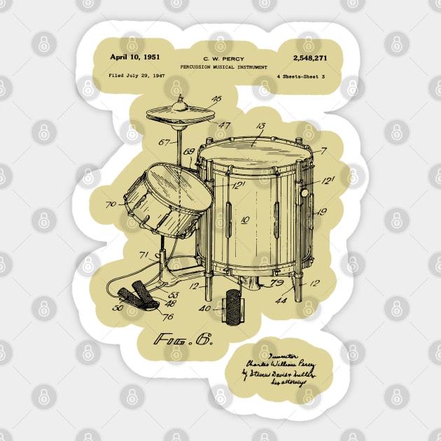 Drum Kit Player Gift Patent Art 1951 Sticker by MadebyDesign